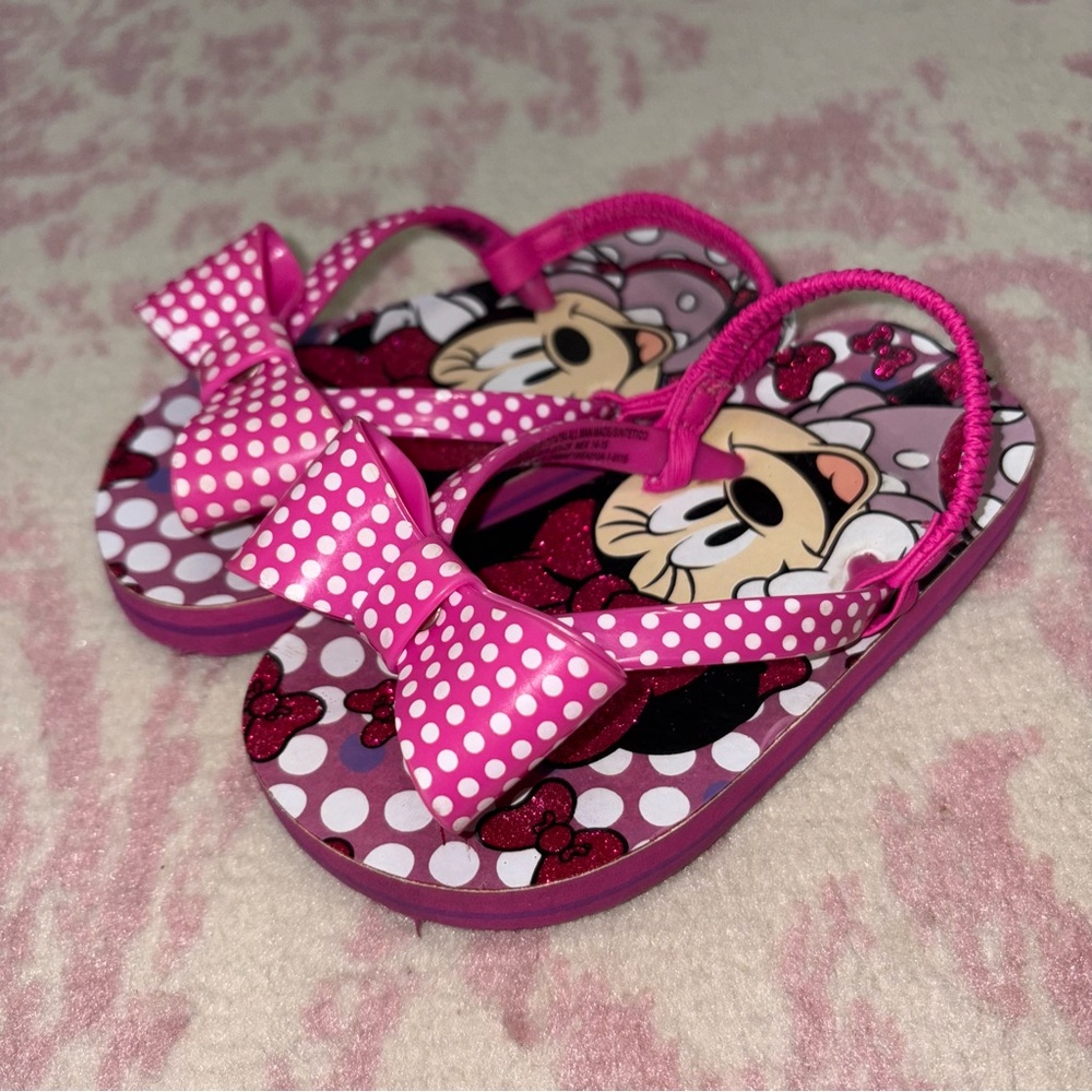 Disney Minnie Mouse Pink Polka Dot Bow Flip Flops Toddler Girl size 7-8